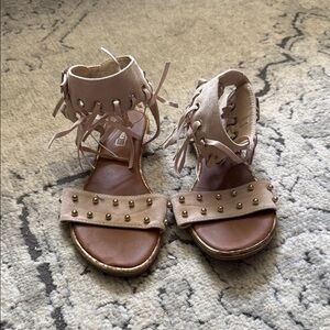 Studded Lace-Up Ankle Strap Sandals in Blush Tan